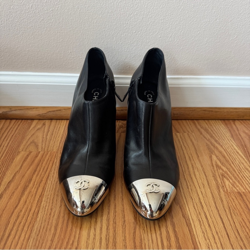 Vintage Chanel Black Leather Heeled Ankle Boots with CC Logo Silver Cap Toe